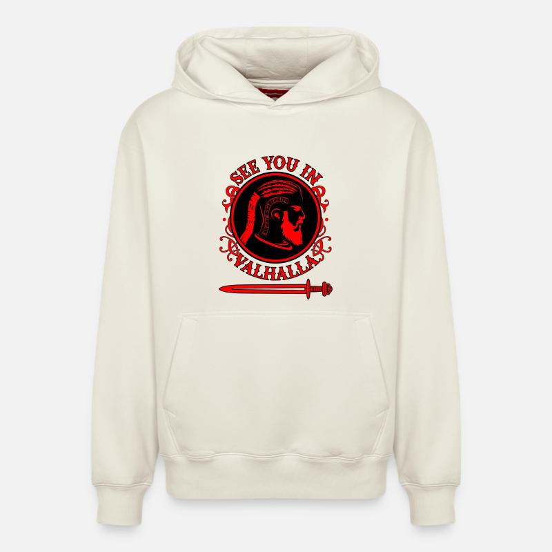 Rendez-vous au Valhalla Warrior - Sweat à capuche unisexe décontracté en coton biologique – de SPREAD - blanc cassé