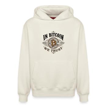 In Bitcoin We Trust – Crypto Vintage Btc - Relaxed Unisex Organic Hoodie – by SPREAD - off white - Front - AI Model Female 172 dark (172cm) & AI Model Male 178 light (178cm)