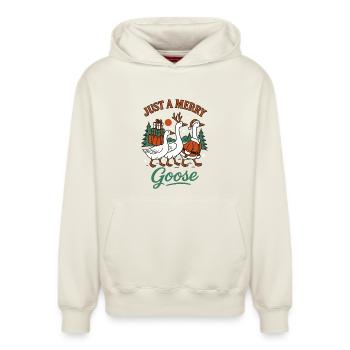 Weihnachten nur eine fröhliche Gans Familie Weihnachten - Relaxed Unisex Organic Hoodie – von SPREAD - Naturweiß - Vorne - AI Model Female 172 dark (172cm) & AI Model Male 178 light (178cm)