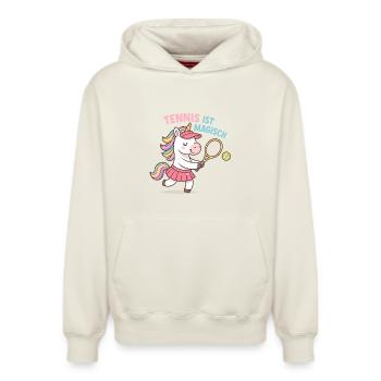 Le tennis est magique, fille licorne, magie - Sweat à capuche unisexe décontracté en coton biologique – de SPREAD - blanc cassé - Devant - AI Model Female 172 dark (172cm) & AI Model Male 178 light (178cm)