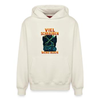 A lot of screwing, little talking motorcycle - Relaxed Unisex Organic Hoodie – by SPREAD - off white - Front - AI Model Female 172 dark (172cm) & AI Model Male 178 light (178cm)
