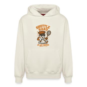 Shuttle Hard | Badminton Motivation Saying - Relaxed Unisex Organic Hoodie – by SPREAD - off white - Front - AI Model Female 172 dark (172cm) & AI Model Male 178 light (178cm)