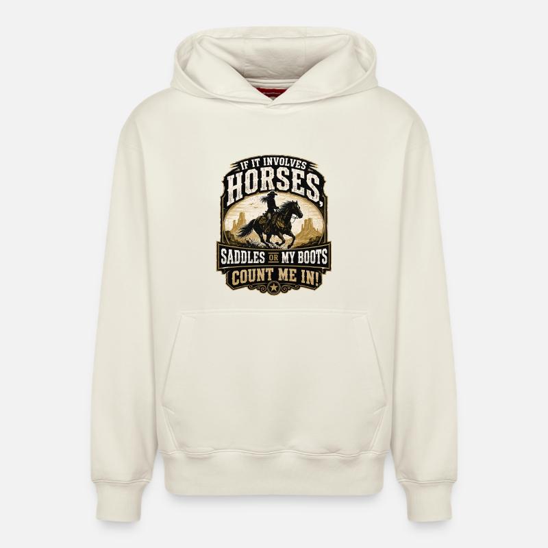 Pferdeheld: Sättel oder Stiefel - Relaxed Unisex Organic Hoodie – von SPREAD - Naturweiß