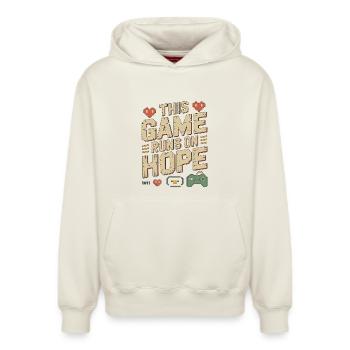 Game Developer This Game Runs On Indie Developer - Relaxed Unisex Organic Hoodie – von SPREAD - Naturweiß - Vorne - AI Model Female 172 dark (172cm) & AI Model Male 178 light (178cm)