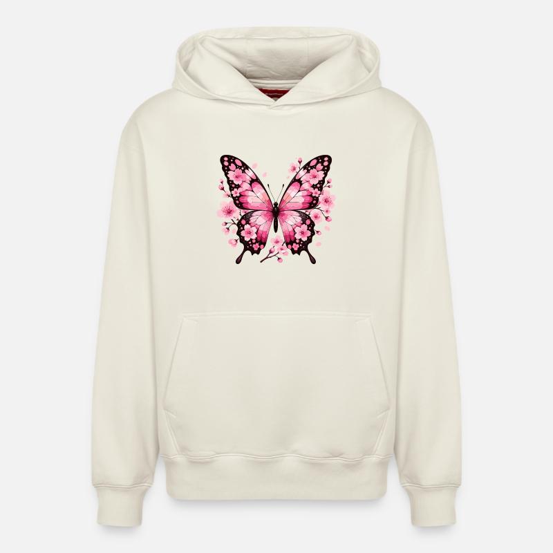 Papillon aux ailes de fleurs roses - Sweat à capuche unisexe décontracté en coton biologique – de SPREAD - blanc cassé