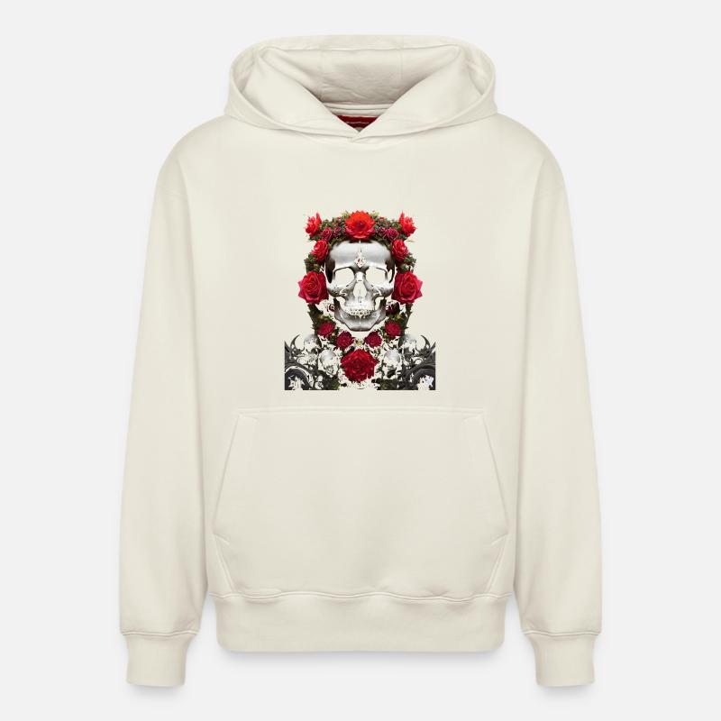 Crâne et couronne de roses rouges - Sweat à capuche unisexe décontracté en coton biologique – de SPREAD - blanc cassé