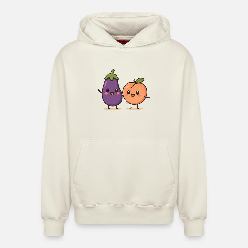 Illustration mignonne d’aubergine et de pêche - Sweat à capuche unisexe décontracté en coton biologique – de SPREAD - blanc cassé