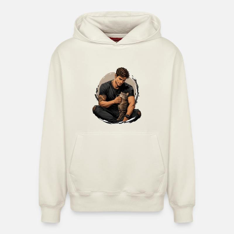 Homme avec chat : proximité silencieuse - Sweat à capuche unisexe décontracté en coton biologique – de SPREAD - blanc cassé