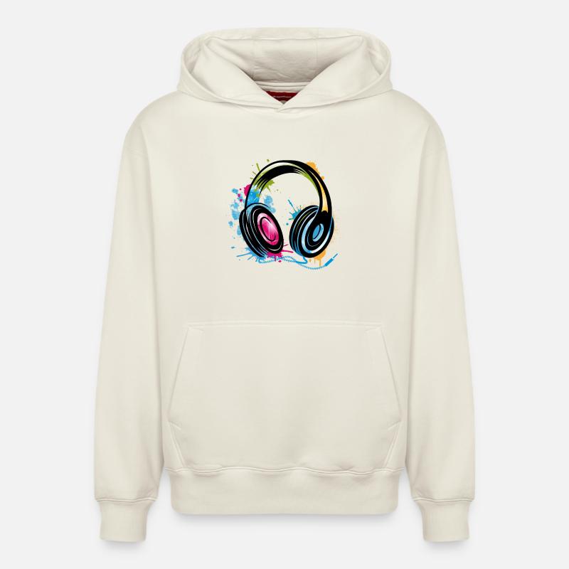 bunter Graffiti Kopfhörer - Relaxed Unisex Organic Hoodie – von SPREAD - Naturweiß