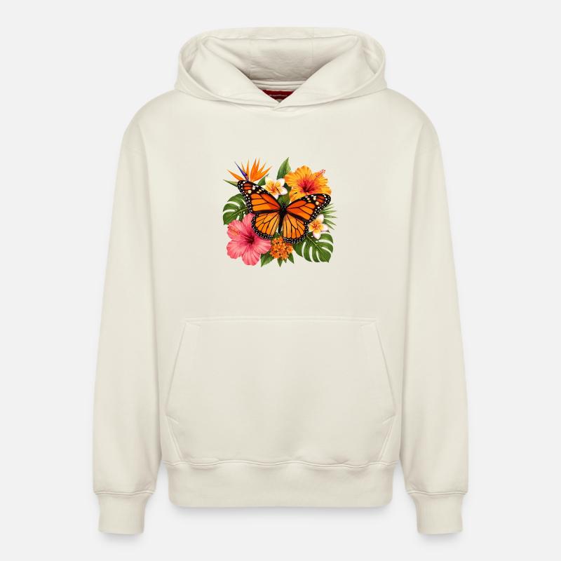 Fleur tropicale du papillon monarque - Sweat à capuche unisexe décontracté en coton biologique – de SPREAD - blanc cassé