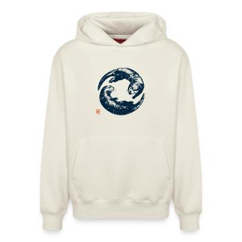 Zen Otter mit Kanji Stempel - Relaxed Unisex Organic Hoodie – von SPREAD - Naturweiß - Vorne - AI Model Female 172 dark (172cm) & AI Model Male 178 light (178cm)