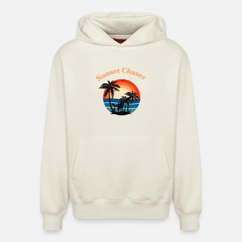 Retro Surfer Sunset Palm Tree Graphic - Sweat à capuche unisexe décontracté en coton biologique – de SPREAD - blanc cassé