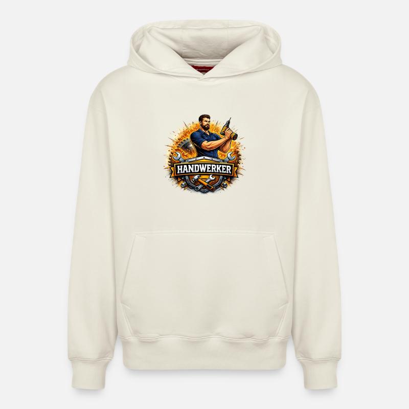 Handwerker Logo – Comic Style mit Bohrer - Relaxed Unisex Organic Hoodie – von SPREAD - Naturweiß