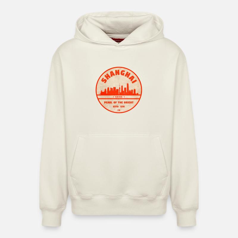 Shanghai Skyline Seal Red - Sweat à capuche unisexe décontracté en coton biologique – de SPREAD - blanc cassé