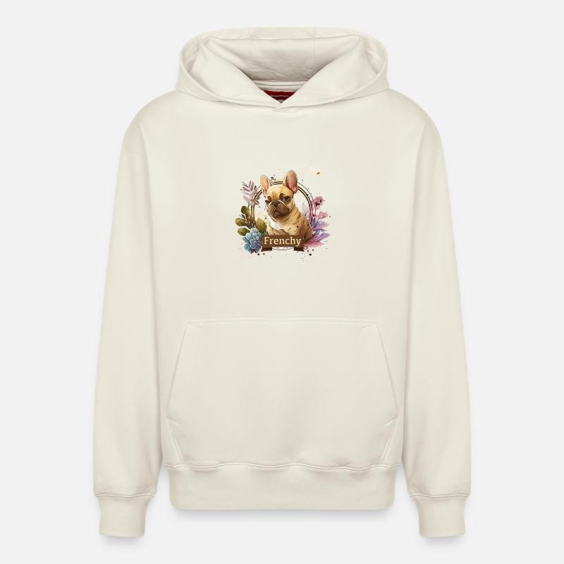 Bouledogue français dans cadre fleuri - Sweat à capuche unisexe décontracté en coton biologique – de SPREAD - blanc cassé