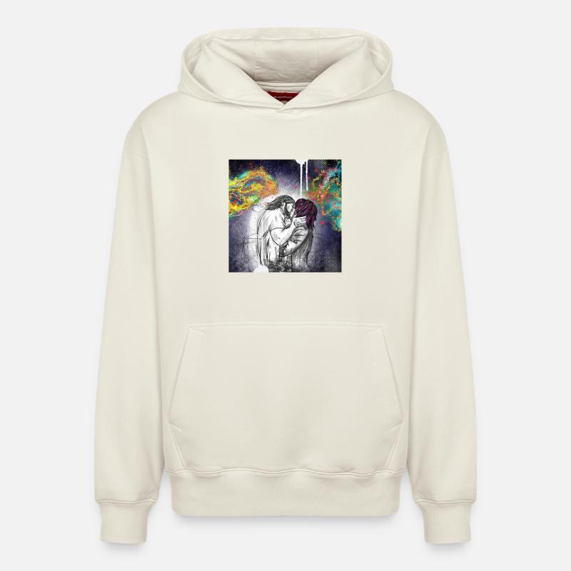 Premier baiser - Sweat à capuche unisexe décontracté en coton biologique – de SPREAD - blanc cassé