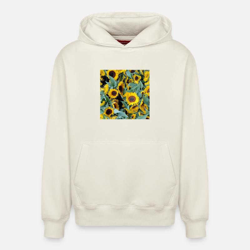 Champ de tournesols dans un ton jaune - Sweat à capuche unisexe décontracté en coton biologique – de SPREAD - blanc cassé