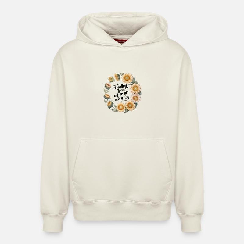 Couronne florale avec citation - Sweat à capuche unisexe décontracté en coton biologique – de SPREAD - blanc cassé
