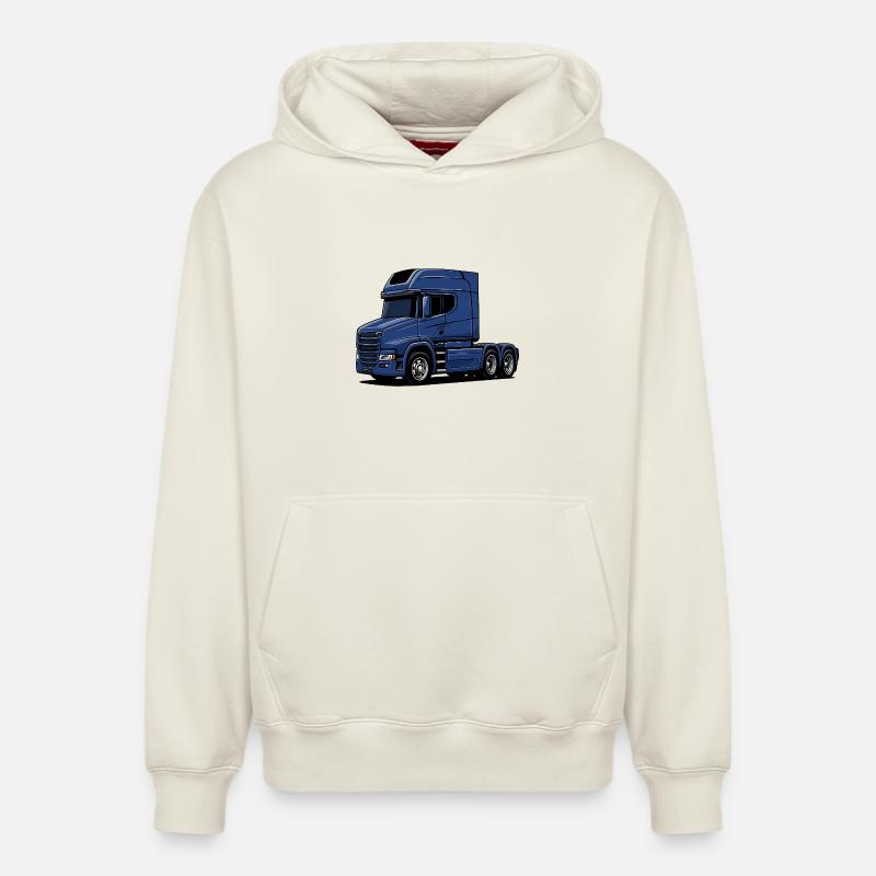 Illustration de style camion bleu - Sweat à capuche unisexe décontracté en coton biologique – de SPREAD - blanc cassé
