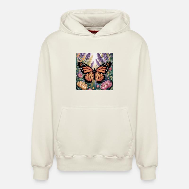 Papillon monarque vibrant Amidlavender fleurit - Sweat à capuche unisexe décontracté en coton biologique – de SPREAD - blanc cassé