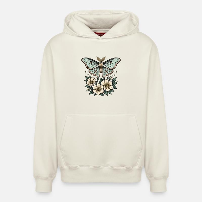 Papillon turquoise avec des fleurs - Sweat à capuche unisexe décontracté en coton biologique – de SPREAD - blanc cassé