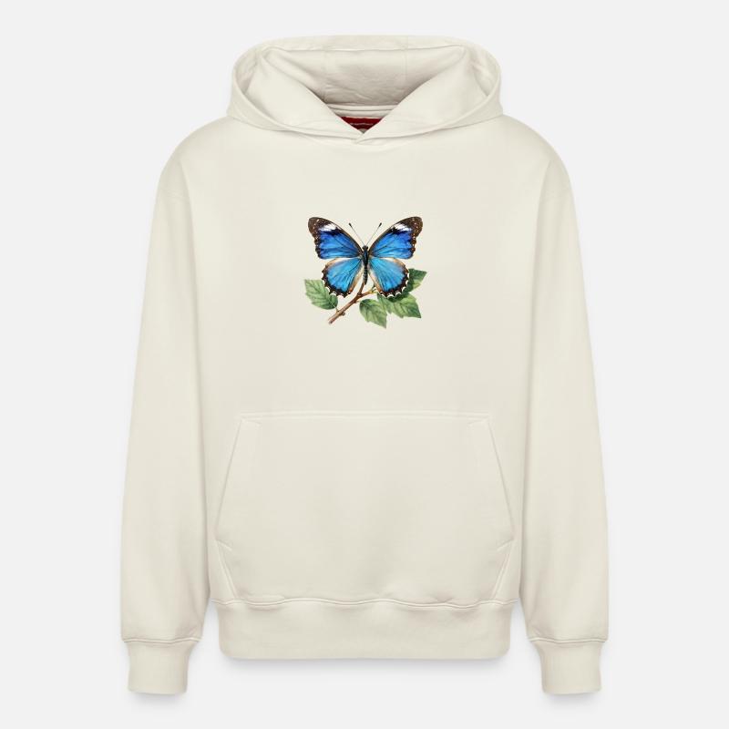 Papillon bleu sur branche - Sweat à capuche unisexe décontracté en coton biologique – de SPREAD - blanc cassé