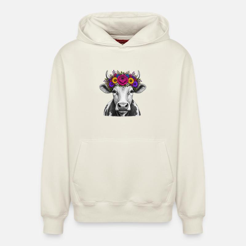 Vache avec couronne de fleurs - Sweat à capuche unisexe décontracté en coton biologique – de SPREAD - blanc cassé