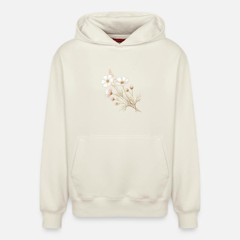 Accents dorés, fleurs blanches - Sweat à capuche unisexe décontracté en coton biologique – de SPREAD - blanc cassé
