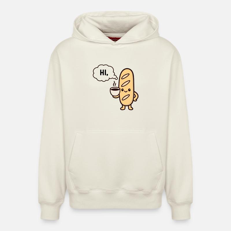 Baguette Café Mascotte Chaleureuse - Sweat à capuche unisexe décontracté en coton biologique – de SPREAD - blanc cassé