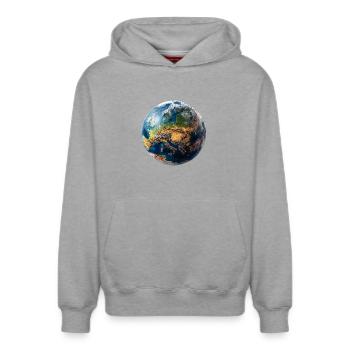 Globus-Design: Europa-Asien Landschaft - Relaxed Unisex Organic Hoodie – von SPREAD - Grau meliert - Vorne - AI Model Female 172 dark (172cm) & AI Model Male 178 light (178cm)
