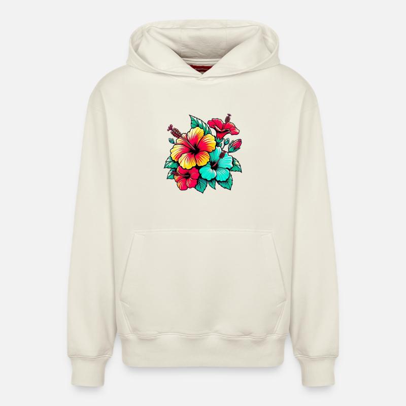 Fleurs d’hibiscus - Sweat à capuche unisexe décontracté en coton biologique – de SPREAD - blanc cassé