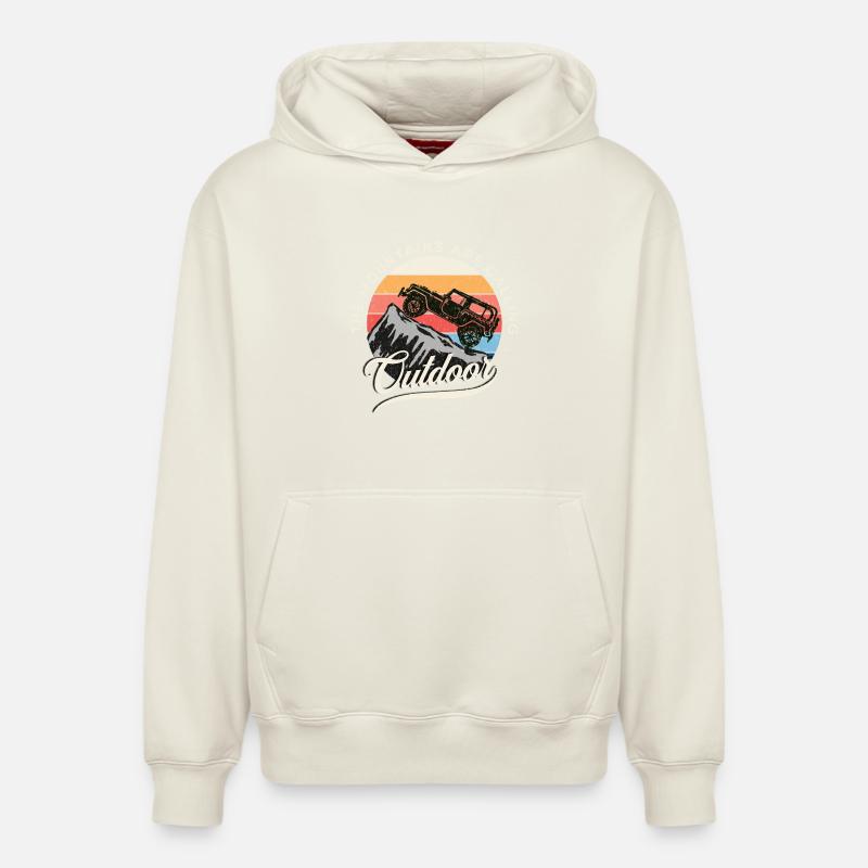 Defender Adventure Camping Rétro - Sweat à capuche unisexe décontracté en coton biologique – de SPREAD - blanc cassé