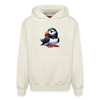 Papageitaucher - Relaxed Unisex Organic Hoodie – von SPREAD - Naturweiß - Vorne - AI Model Female 172 dark (172cm) & AI Model Male 178 light (178cm)