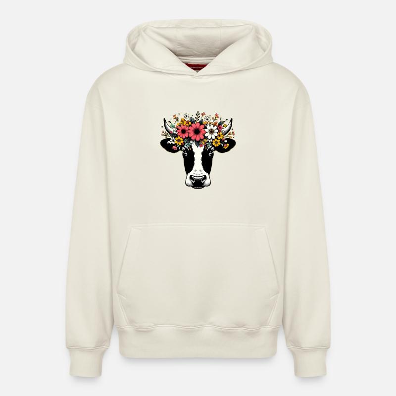 Vache avec des fleurs - Sweat à capuche unisexe décontracté en coton biologique – de SPREAD - blanc cassé