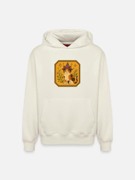 Calico Witch Cat with Starry Hat - Relaxed Unisex Organic Hoodie – by SPREAD - off white