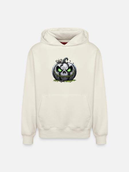 Grim Pumpkin Zombie with Green Eyes - Relaxed Unisex Organic Hoodie – by SPREAD - off white
