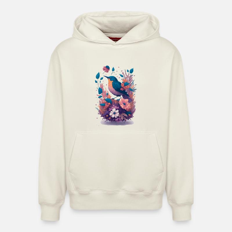 Oiseaux dans un bouquet de fleurs - Sweat à capuche unisexe décontracté en coton biologique – de SPREAD - blanc cassé