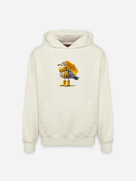 Seagull with yellow umbrella and boots - Relaxed Unisex Organic Hoodie – by SPREAD - off white