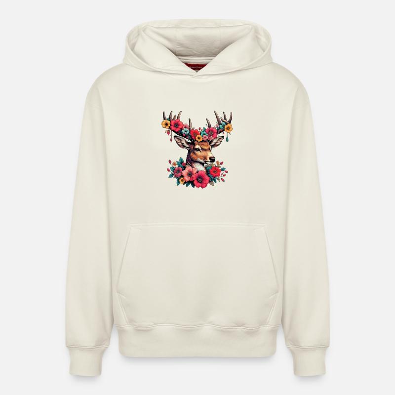 Cerf avec des fleurs - Sweat à capuche unisexe décontracté en coton biologique – de SPREAD - blanc cassé
