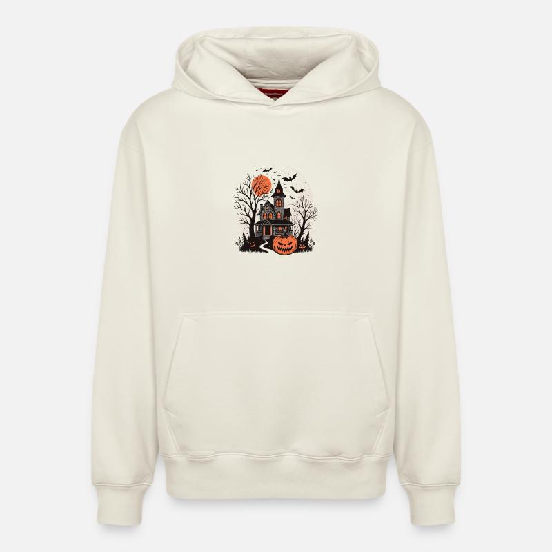 Maison Halloween et Citrouille Lumineuse - Sweat à capuche unisexe décontracté en coton biologique – de SPREAD - blanc cassé
