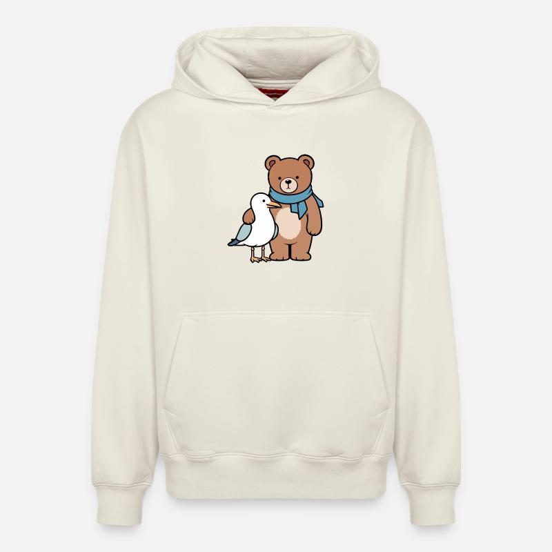 Conception mignonne d’ours et d’oiseau - Sweat à capuche unisexe décontracté en coton biologique – de SPREAD - blanc cassé
