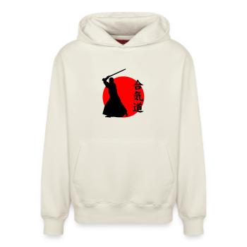 Aikido - Relaxed Unisex Organic Hoodie – by SPREAD - off white - Front - AI Model Female 172 dark (172cm) & AI Model Male 178 light (178cm)