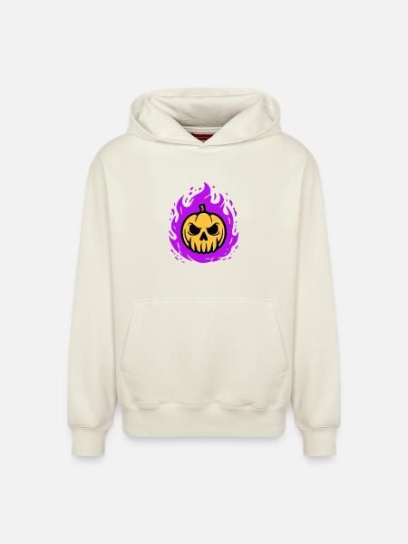 Orange pumpkin with purple flames - Relaxed Unisex Organic Hoodie – by SPREAD - off white