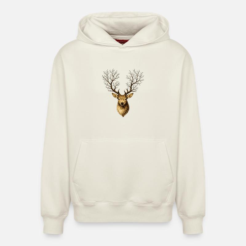 Hirschkopf mit Baumgeweih – Mystischer Waldgeist - Sweat à capuche unisexe décontracté en coton biologique – de SPREAD - blanc cassé