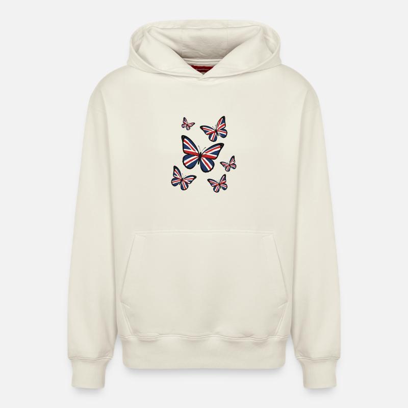 Papillons de l’Union Jack - Sweat à capuche unisexe décontracté en coton biologique – de SPREAD - blanc cassé