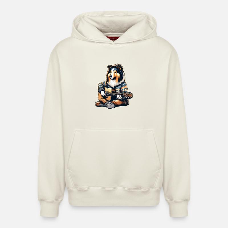 Collie Mit Akustikgitarre Im Strickpullover - Relaxed Unisex Organic Hoodie – von SPREAD - Naturweiß