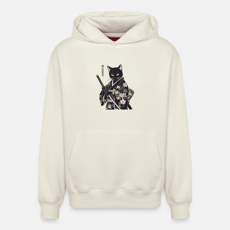 Chat samouraï – Style japonais moderne - Sweat à capuche unisexe décontracté en coton biologique – de SPREAD - blanc cassé