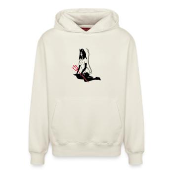 Teufelchen - Relaxed Unisex Organic Hoodie – von SPREAD - Naturweiß - Vorne - AI Model Female 172 dark (172cm) & AI Model Male 178 light (178cm)