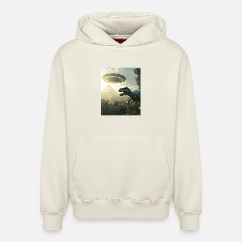 Selfie T-Rex avec OVNI - Sweat à capuche unisexe décontracté en coton biologique – de SPREAD - blanc cassé