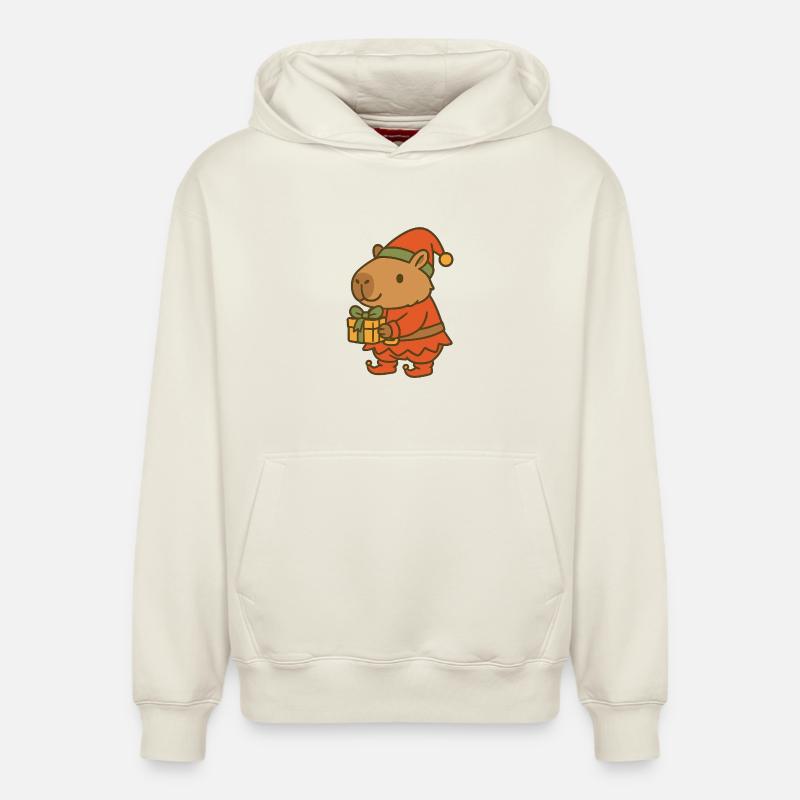 ✨ Weihnachtswichtel Capybara mit Geschenk 🎁 - Relaxed Unisex Organic Hoodie – von SPREAD - Naturweiß